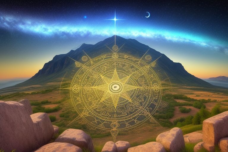 Celestial graphics, ancient symbols, or mystical landscapes that reflect Galactic Astrology, with zodiac wheel or cosmic constellations.